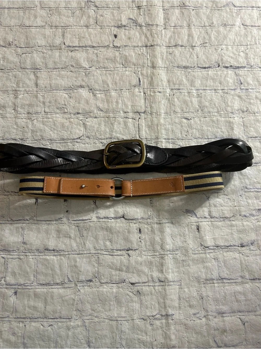 LAUREN RALPH LAUREN (2) BELTS BRAIDED CHUNKY ESPRESSO & PREPPY TAN/NAVY STRETCH